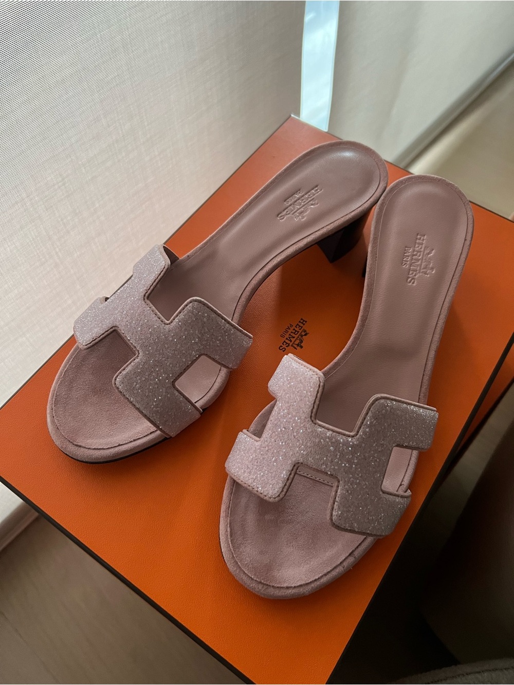 Hermes Dusty Pink Suede H Slide Mules